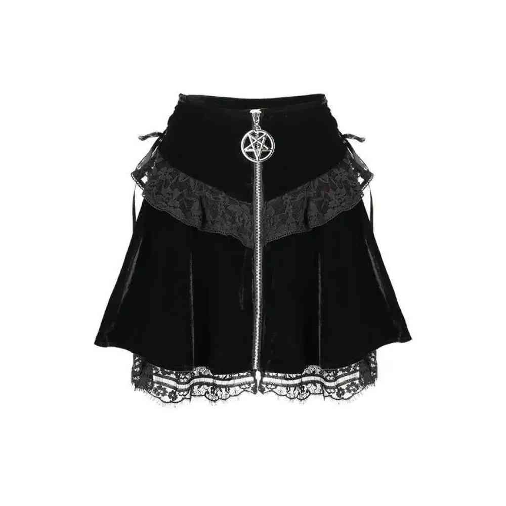 Restyle - Lace Up Velvet Pentagram Courte Jupe - Noir